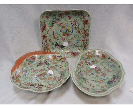 THREE CHINESE EXPORT CELADON GROUND DISHES with famille rose style enamel decoration, 19th century, part of a dessert service
