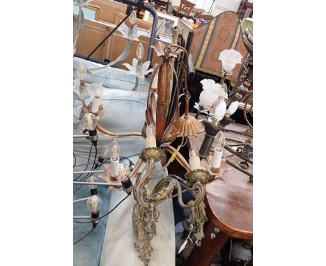 A CONTEMPORARY GILT-METAL FIVE-LIGHT CHANDELIER with foliate drip pans, 58cm high x 65cm wide, togewther with a gilt-metal ro