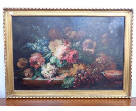 J SILAS, FRUIT AND FLOWER STUDY Old Master style, oil on canvas, probably early 20th century, 85 60 cms, with five other flow