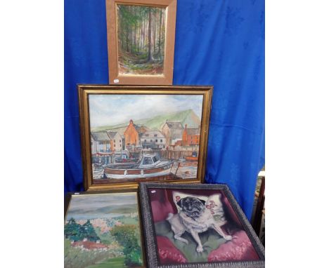 RAYMOND GRAY, WEYMOUTH HARBOUR, 1991 oil on canvas, 71 x 60 cms, with three other oils, two landcapes and a pug portrait