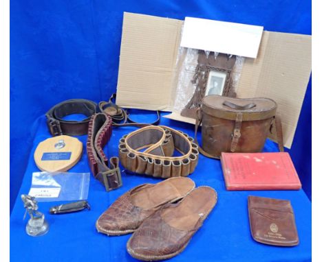A MILITARY KNIFE, BINOCULARS leather ammunition belt, and other items