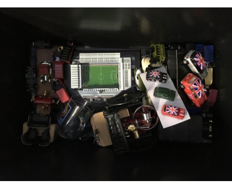A collection of vintage diecast model cars, together with a model of Villa Park.