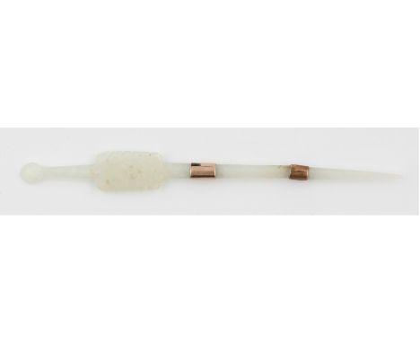 A Chinese pale green Jade scroll reader with carved holder, approx 11.5cm x 1.5cm. BOOK A VIEWING TIME SLOT ON OUR WEBSITE FO