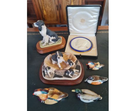 Four Peter Scott ceramic ducks, two Border Fine Arts dog ornaments, a 1937 King George VI Royal Worcester plaque
