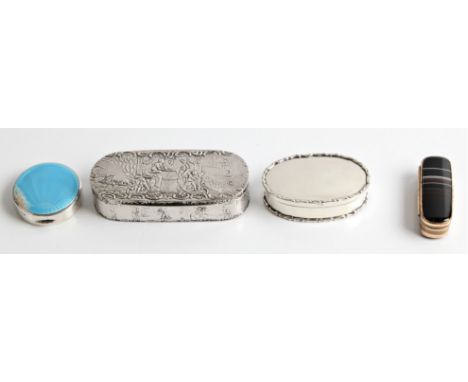 A hallmarked silver guilloche enamel pill box, a hallmarked silver oval pill box, a trinket box stamped 925 and a banded agat
