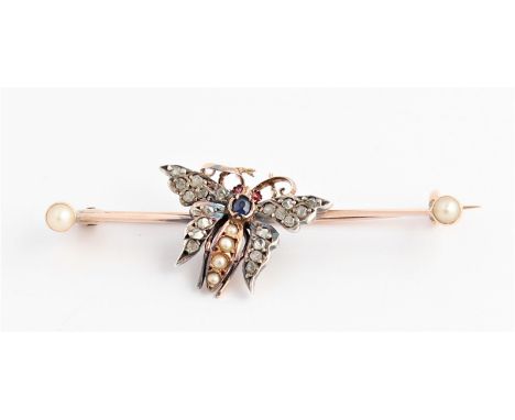 A Victorian multi-gemstone butterfly / moth bar brooch, set with rough-cut diamonds to wings, sapphire and pearls to body, re