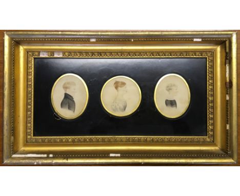 Trio of 19th century portrait miniatures in single frame, 16cm x 34cm. BOOK A VIEWING TIME SLOT ON OUR WEBSITE FOR THIS LOT. 