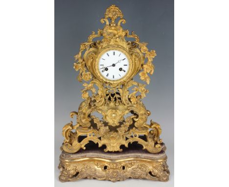 A mid to late 19th century French ormolu mantel clock, the eight day movement with silk suspension, striking on a bell via an