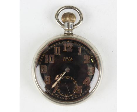 A Rolex MoD issue base metal cased keyless wind open-faced gentleman's pocket watch with signed jewelled movement, the signed