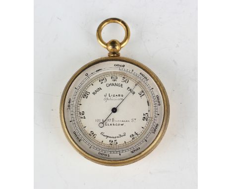 An early 20th century gilt brass circular pocket barometer altimeter, the silvered dial with outer altitude scale, detailed '