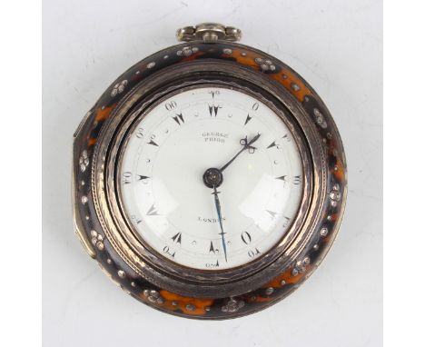 A George III Turkish market silver and tortoiseshell triple cased key wind gentleman's pocket watch, the gilt fusee movement 