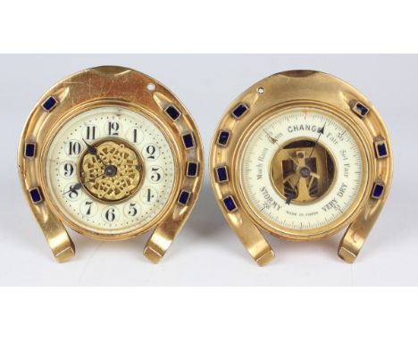A late 19th century lacquered brass novelty desk timepiece and matching barometer, each in the form of a horseshoe with blue 