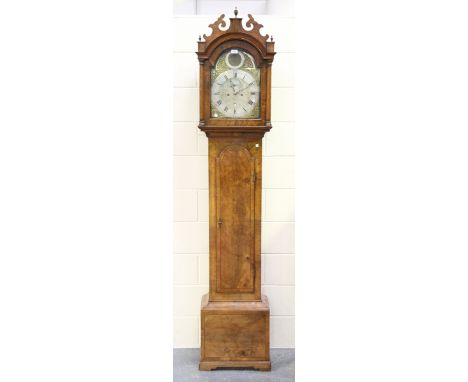 A mid-18th century mahogany longcase clock with eight day movement striking on a bell, the 12-inch brass breakarch dial with 