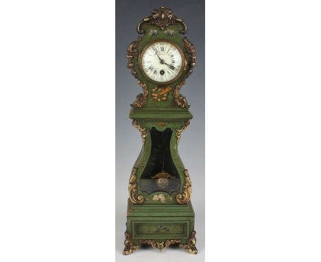 A late 19th century French mounted and painted mantel timepiece in the form of a diminutive longcase clock, the circular enam