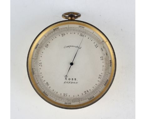 An early 20th century gilt brass circular cased travelling barometer altimeter, the silvered dial detailed 'Ross London', dia