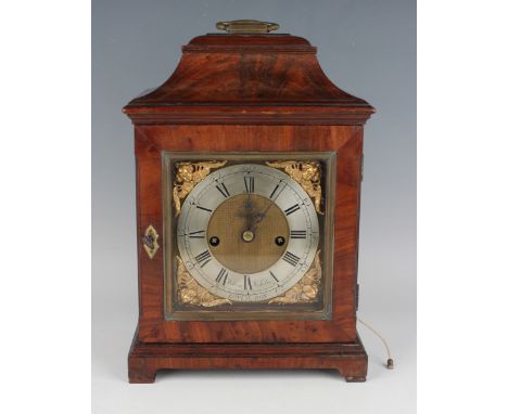 An 18th style mahogany bracket clock, the brass four pillar eight day twin fusee movement striking hours and repeating on a b