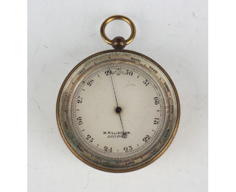 A late 19th century gilt lacquered brass pocket barometer altimeter, the silvered dial inscribed 'M. Pillischer London', case