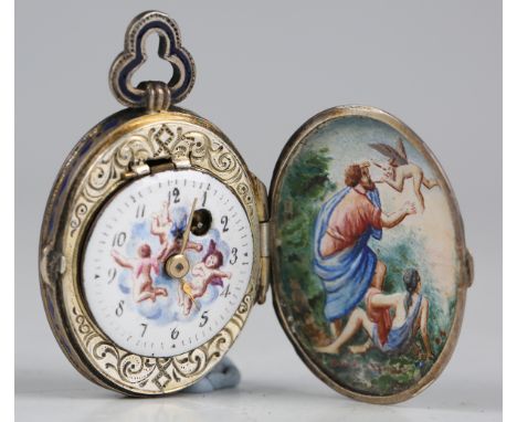 A 19th century silver and enamel cased oval pendant watch, probably Austro-Hungarian, with unsigned fusee movement, the case 