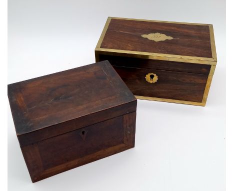 An antique mahogany and crossbanded tea caddy, and a brass mounted rosewood box.