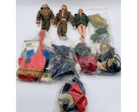 Three Hasbro Action Man figurines (two dated 1964), along with a collection of Action Man accessories including Polar Explora