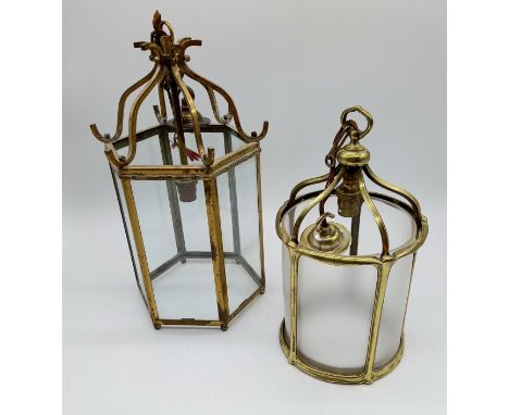 A vintage circular opaque glass hall lantern and one other - height of largest 40cm