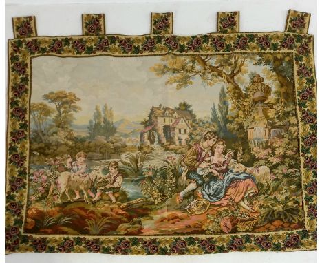 A tapestry wall hanging of a classical scene by a river, 100cm x 150cm.