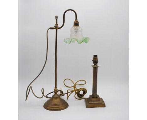An antique brass table lamp, with glass shade, along with a brass column table lamp base