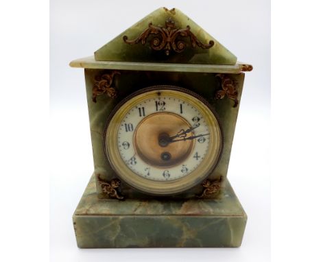 A green onyx cased mantle clock, A/F.