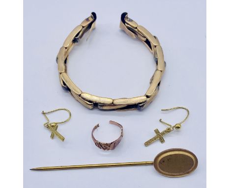 A 9ct gold expandable watch strap, earrings etc. (total 9ct weight 8.4g) along with a 14ct gold stick pin (stick only gold)