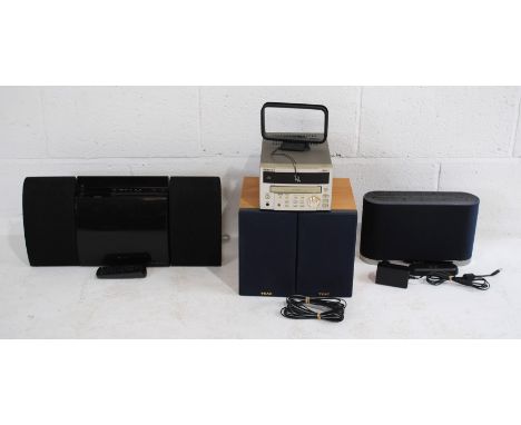 A Teac CR-H100 CD player/tuner/amplifier, with a pair of Teac LS-100U speakers, along with a Sony CMT-CX5BiP micro hi-fi syst