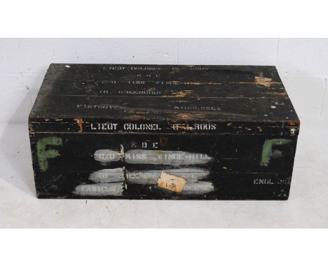 A black painted pine military trunk, with wrought iron handles - length 96cm, depth 49.5cm, height 36cm