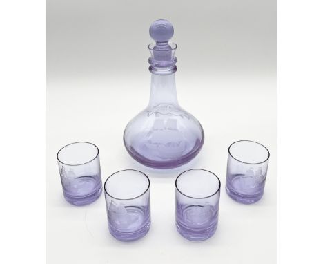 A Caithness decanter and four matching tumblers commemorating the Mayflower, number 50/50 limited edition by Colin Terris wit