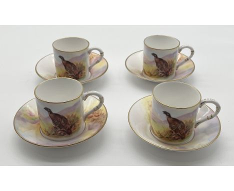 A set of four Royal Worcester coffee cups and saucers in the Game Birds pattern by James Stinton
