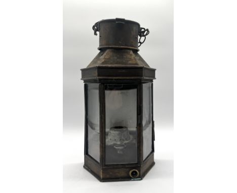 A large vintage brass lantern with three glazed panels, height 40cm width 21cm, depth 16cm