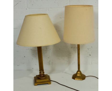 A brass column lamp and shade and one other. tallest 50cm.