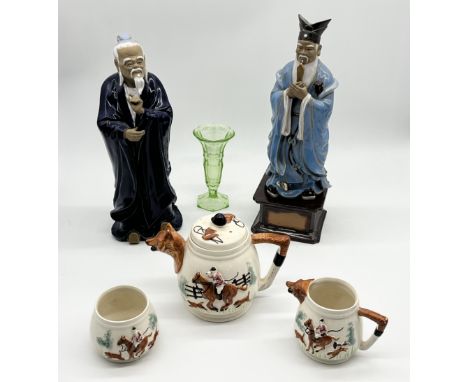 A collection of items including Chinese pottery figures, three piece hunting themed tea set and uranium glass flute