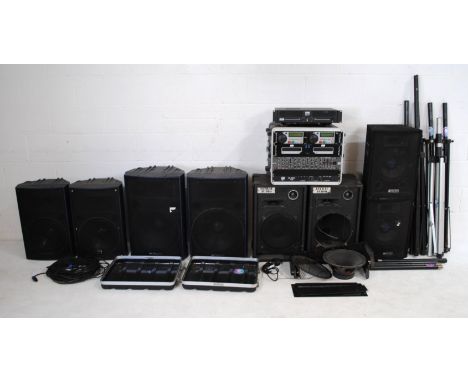 A PA system, comprising an IMG Stage Line STA-700 800w amplifier, a flight case containing an IMG Stage Line CD-260 CDG CD pl
