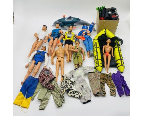 A collection of modern Action Man figures, along with selection of accessories including boat, boots, clothing etc