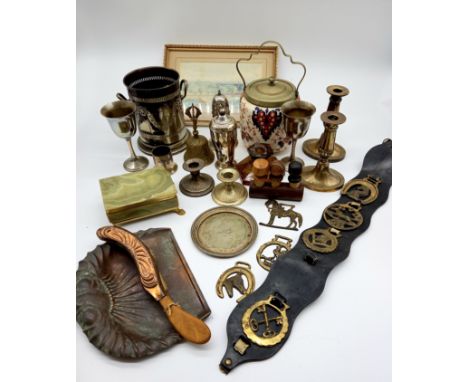 A collection of assorted items to include brass ware, silver plated items, etc.