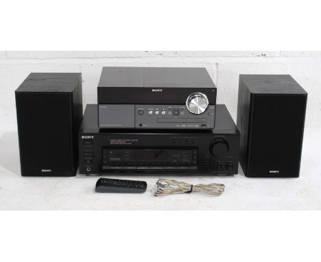 A Sony STR-D515 AV control center amplifier, along with a Sony CMT-MX550i micro hi-fi system with a pair of Sony SS-CMX500 6o