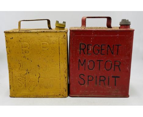 Two vintage petrol cans including Regent Motor Spirit &amp; BP Motor Spirit