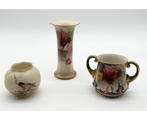A small collection of Royal Worcester including a waisted cylindrical vase signed E.M Fildes, twin handled Hadley Ware cup an