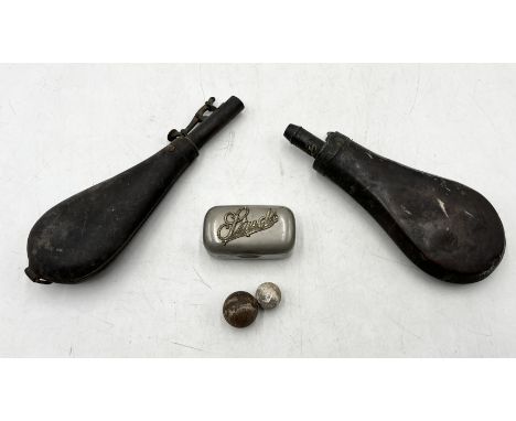 Two antique powder flasks along with a "Shots" silver plated box etc.