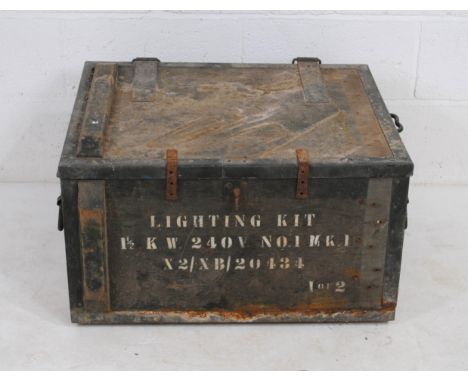 A grey painted metal-bound wooden trunk