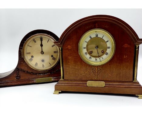Edwardian mahogany inlaid mantle clock, and a oak cased mantle clock both with presentation plaques.