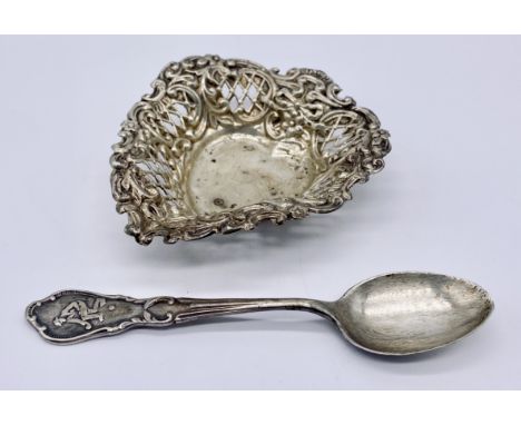 A hallmarked silver heart shaped sweetmeat dish along with a silver coffee spoon