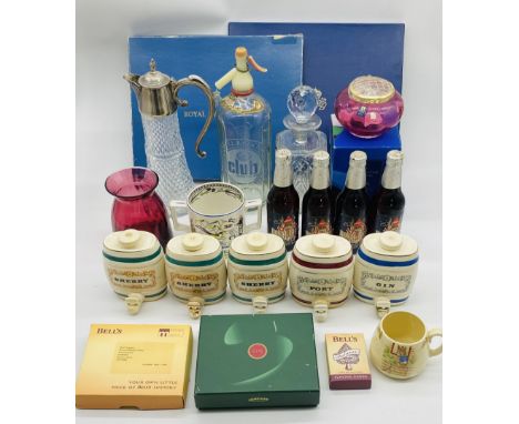 A collection of miscellaneous items including Royal Worcester cake plate, soda syphon, glassware, four bottles of Bass lager,