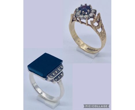 A 9ct gold garnet cluster ring, size O along with a 925 silver Art Deco signet ring, size K