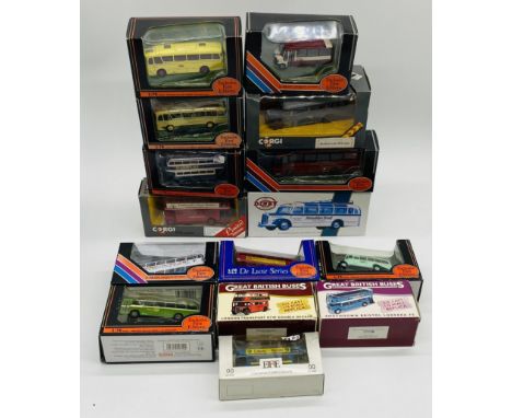 A collection of fifteen boxed die-cast coaches and buses including Gilbow Exclusive First Editions, Corgi Classics, The Dinky