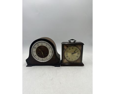 A Smiths Enfield mantle clock with key (A/F) along with a Metamec clock and a small collection of vintage card games.